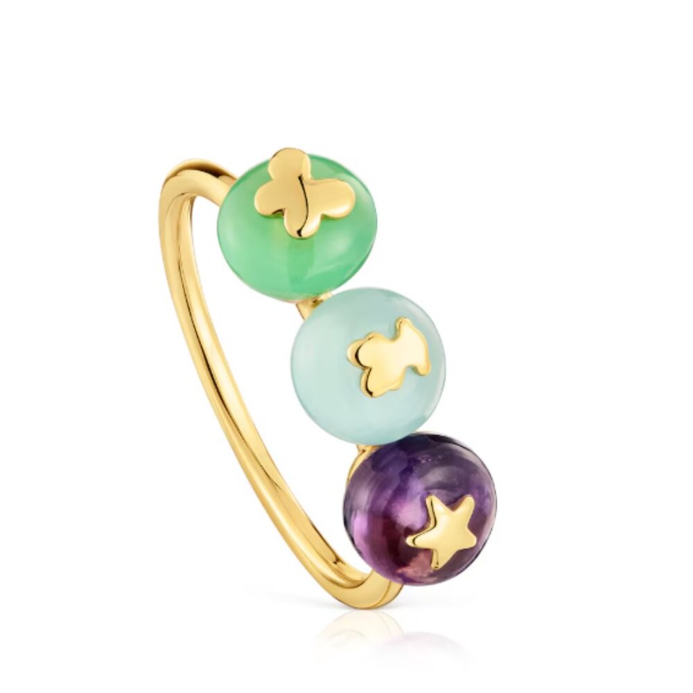 Tous Gold Ring with Green, Light Blue, and Purple Spheres